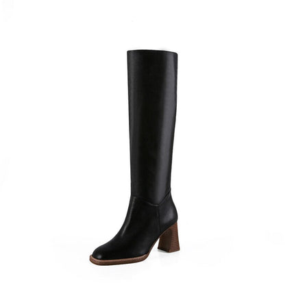 Antmvs Winter New  Leather Knee-Length Boots Square Toe High Heel Women's Boots Square Heel Western Boots Women's Shoes