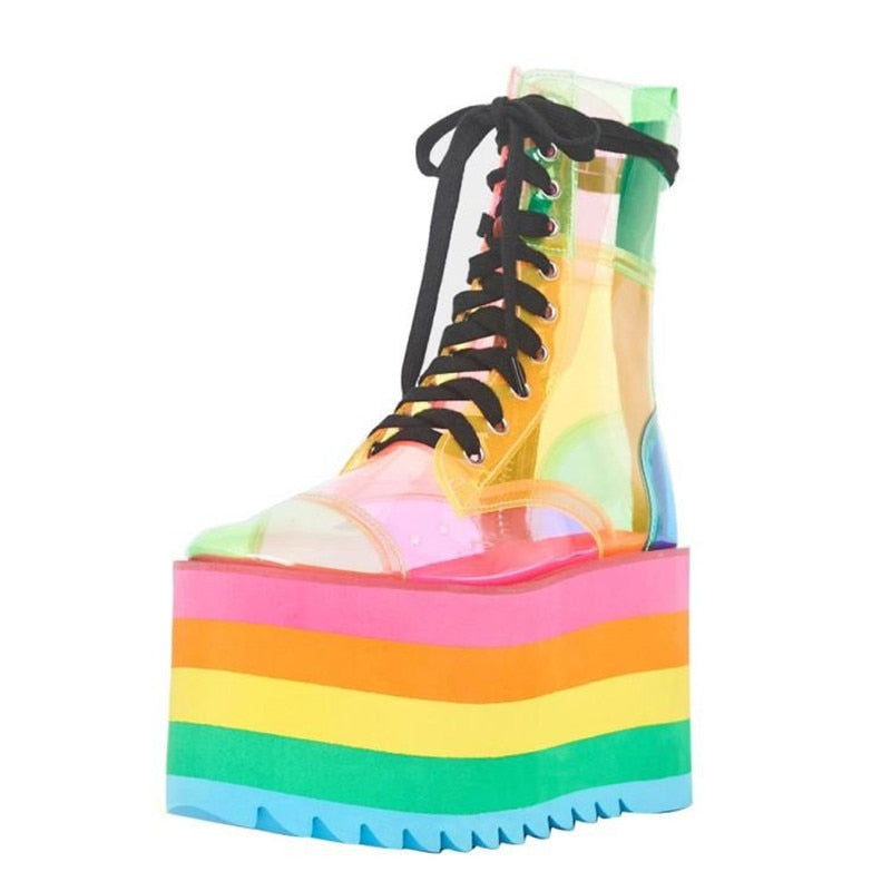 Black Friday Antmvs  New Platform Rainbow Boots Fashion Transparent PU Boots Sweet Girl Platform Shoes Super High Heel Candy Colors Sneakers Women