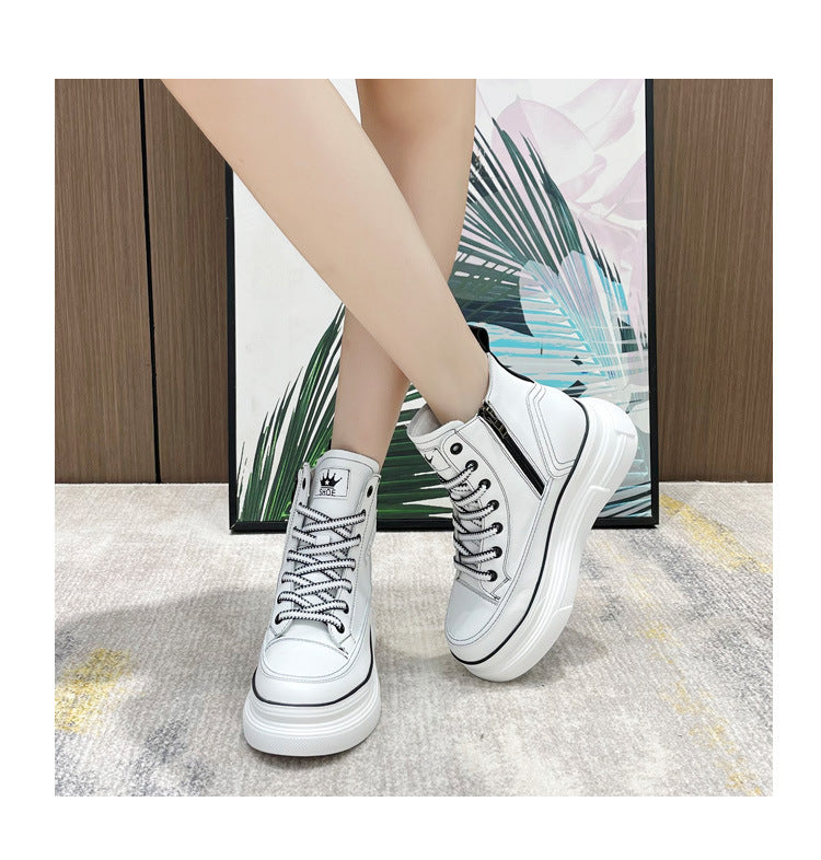 antmvs  7Cm Platform Wedge Sneakers Hidden Heel High Top Genuine Leather Women Casual Shoes Sneakers Za Fashion Casual Boots White