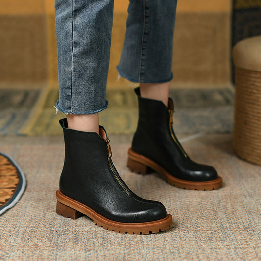 Antmvs New Autumn And Winterwomen Boots Retro Full Leather Chunky Heel Platform Boots Ankle Boots Zapatos De Mujer Women Shoes Zipper