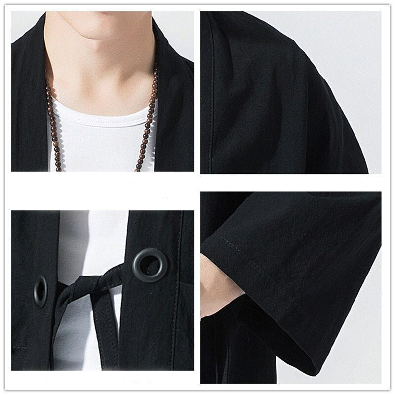 Spring Men's Linen Kimono Fashion Loose Long Cardigan Outerwear Vintage Coat Male Jackets With Belt Casual Overcoat JE026