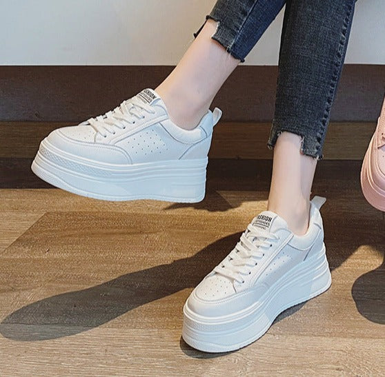 antmvs  8Cm Genuine Leather Women Casual Shoes Chunky Sneakers Platform Wedge Hidden Heel Women Leisure Shoes Spring Autumn White