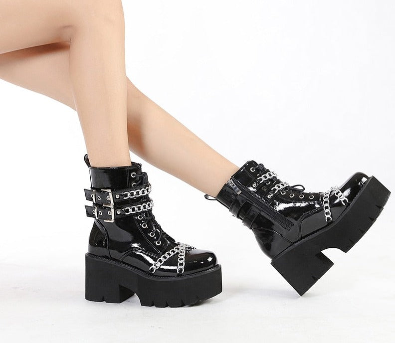 Thanksgiving  Antmvs  Women Shoes Boots Black Dark Cool Thick Bottom Platform Harajuku Shoes With Metal Chain Gothic Punk Girls Shoes Footwear