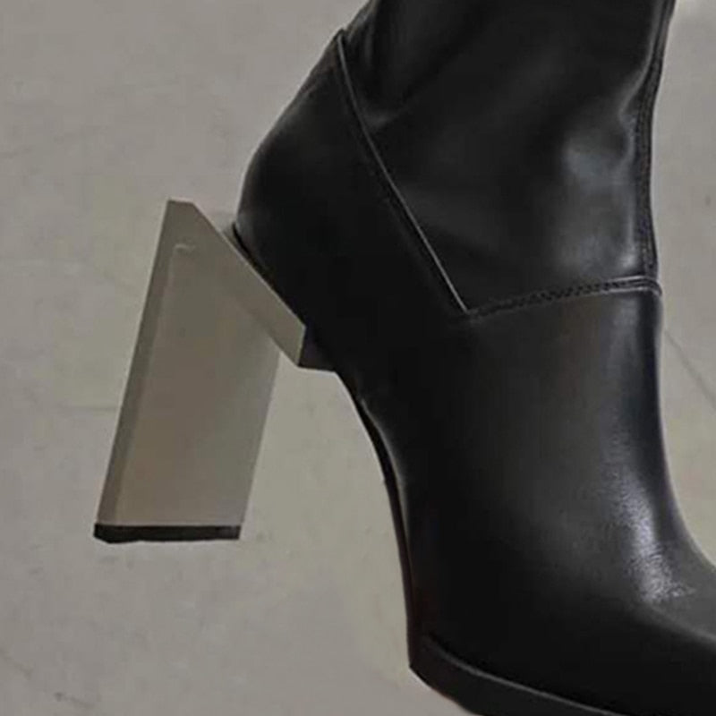 Antmvs   New Autumn Winter Fashion Casual High Heel Back Zipper Square Head Strange Style Thin Leather Shoes Women Boots