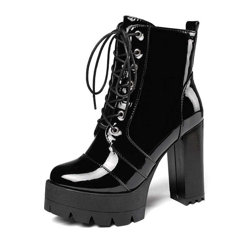 Antmvs   Thick High Heeled Female Patent Leather Ankle Boots Round Toe Lace-Up Zipper Women Short Boots Gothic Women Shoes