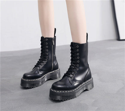 antmvs  Brand Women Platform Boots Winter Genuine Leather Motorcycle Boot Wedges Female Lace Up Zipper Combat Boots Black High-Top Shoes