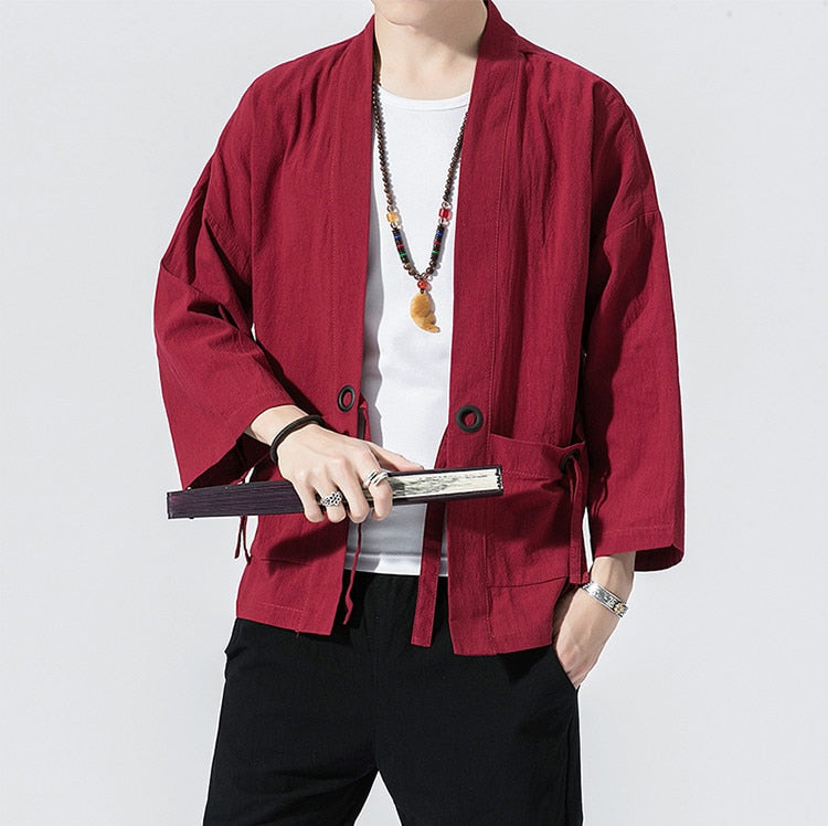 Spring Men's Linen Kimono Fashion Loose Long Cardigan Outerwear Vintage Coat Male Jackets With Belt Casual Overcoat JE026