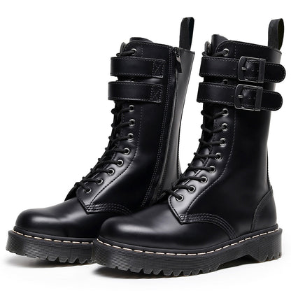 Antmvs  Women Platform Leather High Boots New Female Shoes Punk Buckle Long Boot Woman Lace Up Booties Black Gothic Mid Tube Boots