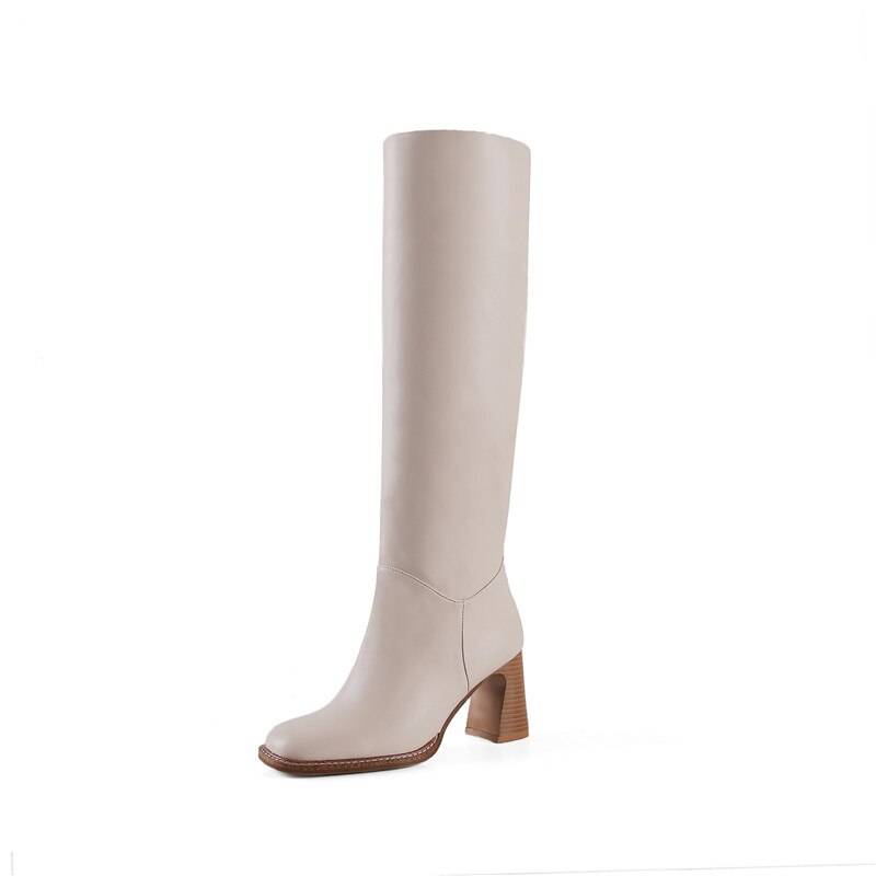 Antmvs Winter New  Leather Knee-Length Boots Square Toe High Heel Women's Boots Square Heel Western Boots Women's Shoes