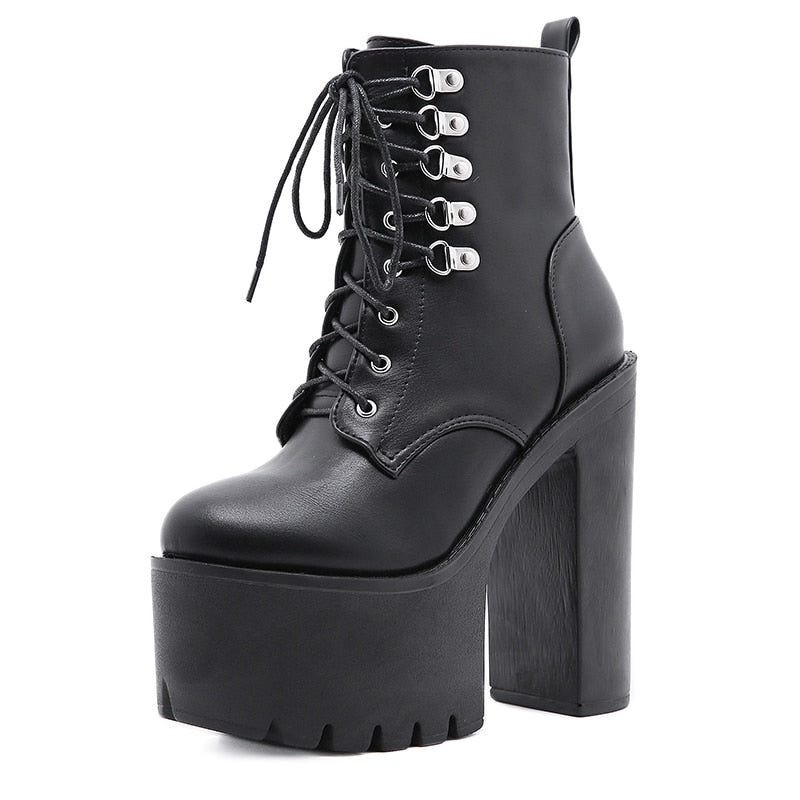 Thanksgiving  Antmvs  Ultra High Heels Women Motorcycle Boots Gothic Style   Rivet Black Soft Leather Plaform Chunky Heel Punk Knight Boots