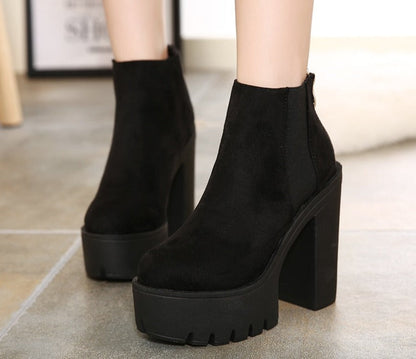 Antmvs  Fashion Black Ankle Boots For Women Thick Heels Spring Autumn Flock Platform Shoes High Heels Black Zipper Ladies Boots