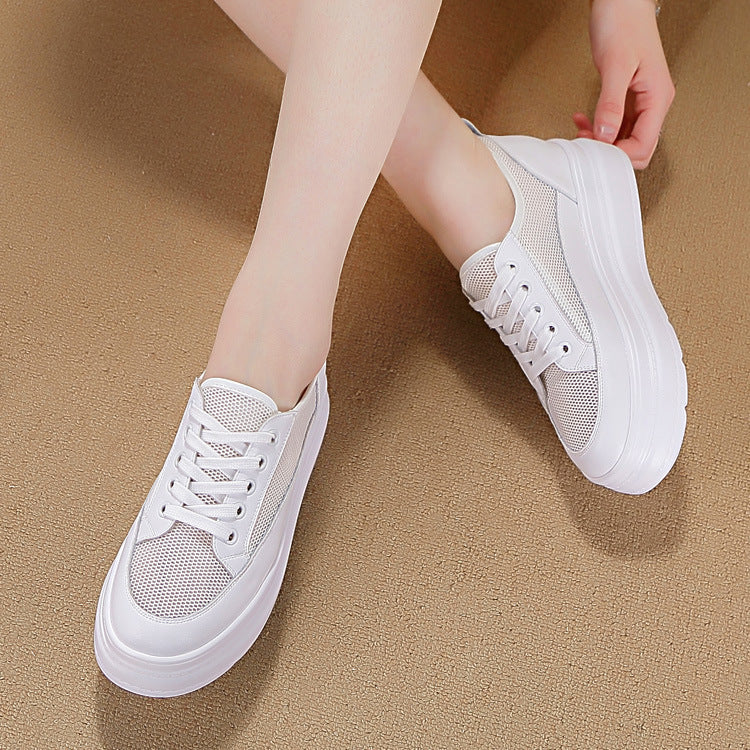 antmvs  6Cm Women Summer Shoes Platform Flats White Genuine Leather Air Mesh Hollow Thick Sole Wedge Heel Zapatos Para Mujer