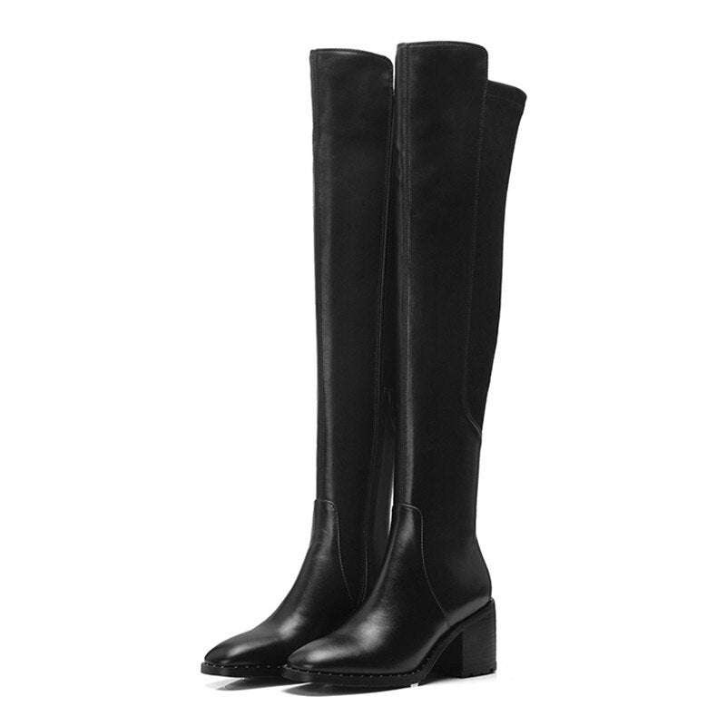 Antmvs Genuine Leather Women's High Boots Fashion Slip-On Over-The-Knee Women Boots  Autumn Winter Flock Round Toe Stretch Boots