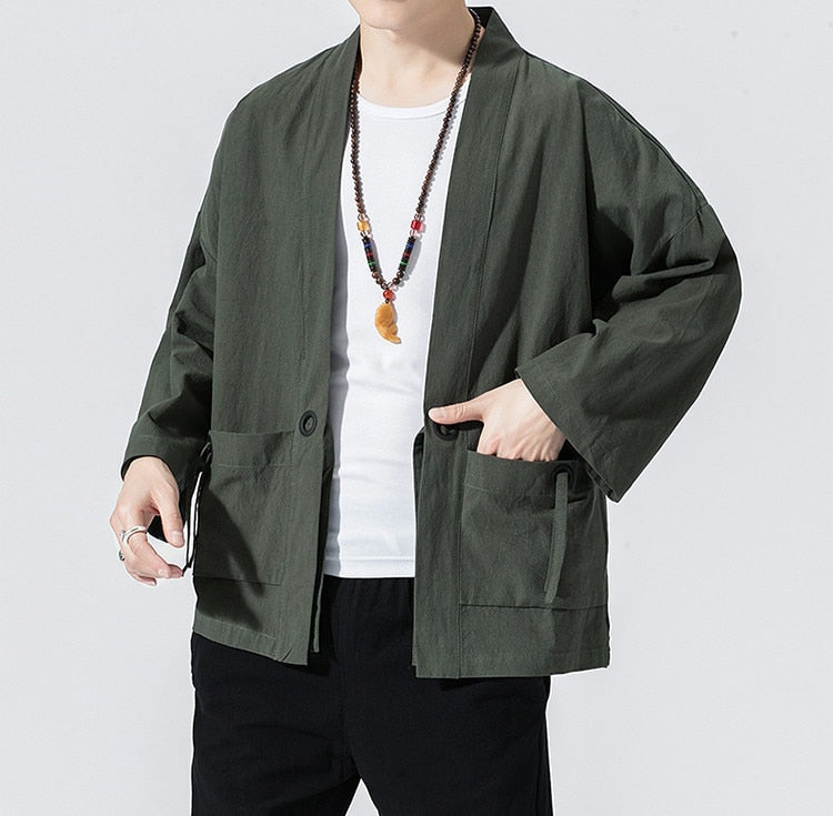 Spring Men's Linen Kimono Fashion Loose Long Cardigan Outerwear Vintage Coat Male Jackets With Belt Casual Overcoat JE026