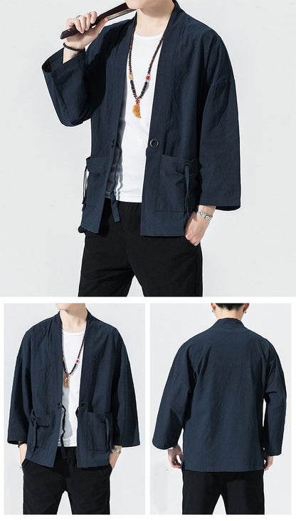 Spring Men's Linen Kimono Fashion Loose Long Cardigan Outerwear Vintage Coat Male Jackets With Belt Casual Overcoat JE026