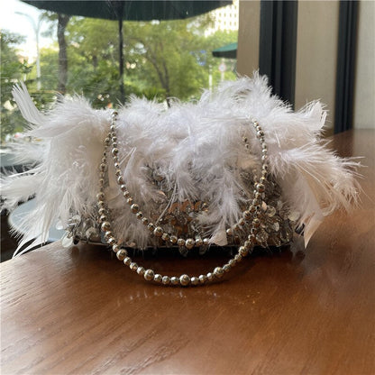 Antmvs Antmvs  Womens Feather Evening Party Luxury Sequin Clutch Bag Retro Beaded Handbag Messenger Bag Party Banquet Shoulder Bag