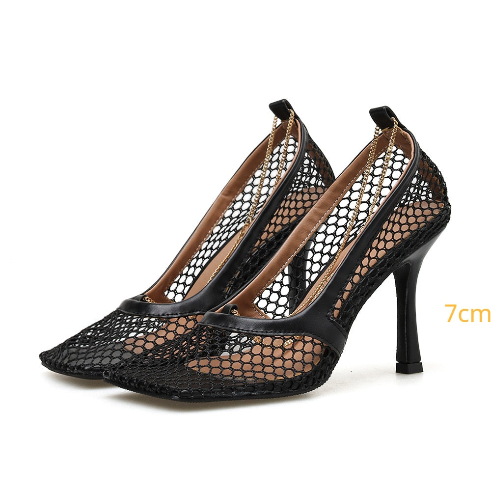 antmvs  9Cm Summer Autumn   Mesh Pumps Sandals Female Square Toe High Heel Chain Stiletto Hollow Party Dress Pumps Shoe Sandals