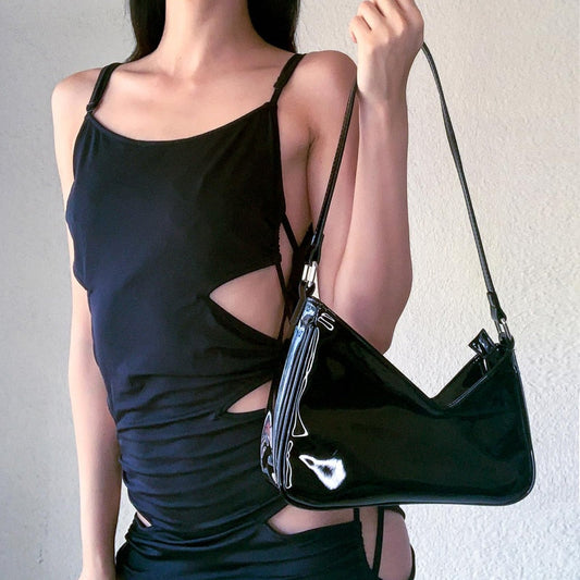 Antmvs Graduation Gift Vintage Women Black Patent Leather Shoulder Bag Fashion Design Ladies Underarm Bag Retro Y2k Cool Girls Small Purse Handbags