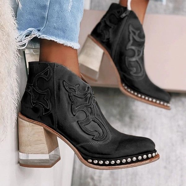 Antmvs   Leather Women Ankle Boots Women's Shoes Low Heel Cool British Embroidered Design Soft Short Boots Party Women Footwear