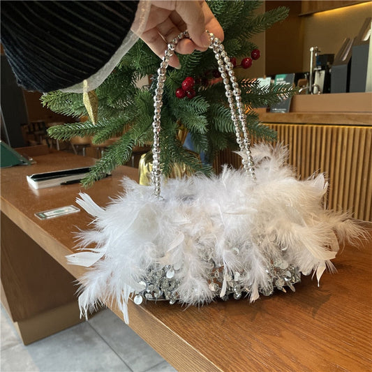 Antmvs Antmvs  Womens Feather Evening Party Luxury Sequin Clutch Bag Retro Beaded Handbag Messenger Bag Party Banquet Shoulder Bag