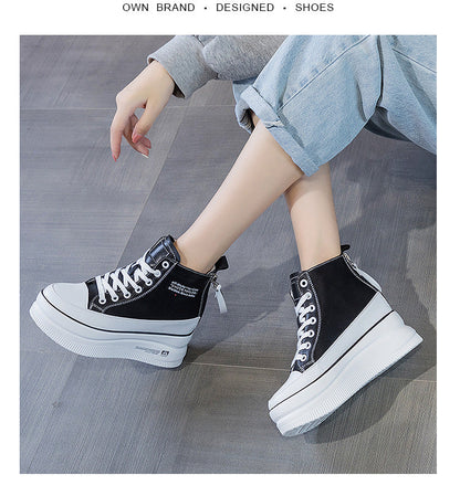 antmvs  4.5 Cm Platform Women Ankle Boots Genuine Leather Spring Autumn Zipper Hidden Heel Women Casual Shoes High Top Zip Shoes