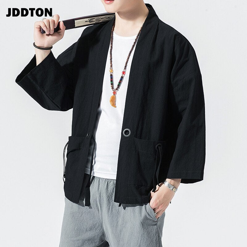 Spring Men's Linen Kimono Fashion Loose Long Cardigan Outerwear Vintage Coat Male Jackets With Belt Casual Overcoat JE026