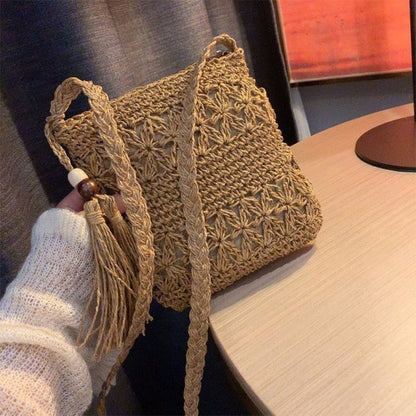 Antmvs Antmvs   Women Beach Woven Straw Shoulder Messenger Bag with Tassel Boho Hollow Out Crochet Crossbody Handbag Macrame Clutch Purse with