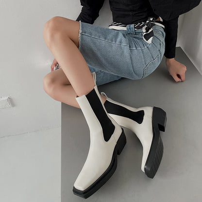 Antmvs Hot Women Boots Fashion Split Leather Slip-On Chelsea Boots Square Toe Thick Heel Female Platform Boots Handmade Women Shoes