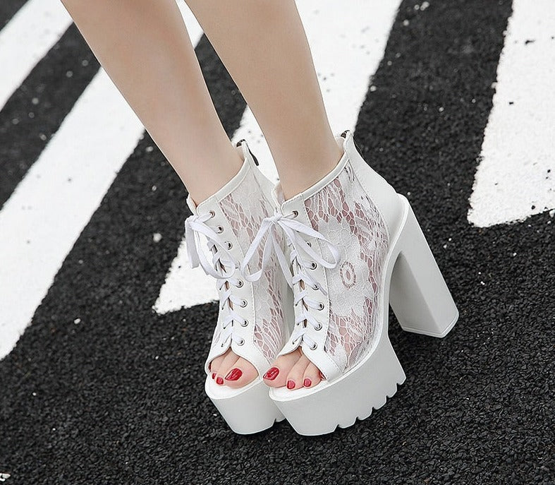 Antmvs  Peep Toe Summer Ankle Boots For Women High Heel Shoes Model Party Lace Up Wedding Shoes For Women Bride White Rubber Sole