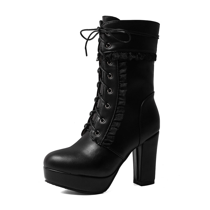 Antmvs Autumn Winter Short Boots For Women High Hoof Heels Lace-Up Ankle Strap Buckles Female Ankle Boots Fashion Ruffles