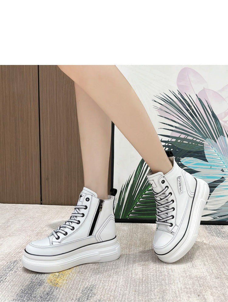 antmvs  7Cm Platform Wedge Sneakers Hidden Heel High Top Genuine Leather Women Casual Shoes Sneakers Za Fashion Casual Boots White