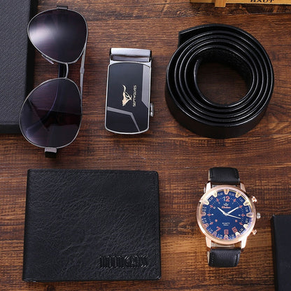 4pcs/set Men's Gift Set New Fashion Business Watch Men Glasses Leather Belt Wallet Set Gift Box for Men Gifts Drop Shipping  for Father Dad