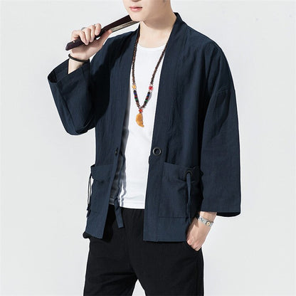 Spring Men's Linen Kimono Fashion Loose Long Cardigan Outerwear Vintage Coat Male Jackets With Belt Casual Overcoat JE026