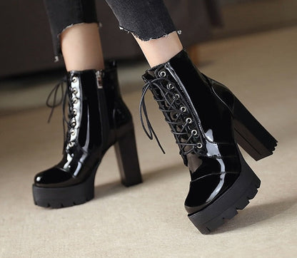 Antmvs   Thick High Heeled Female Patent Leather Ankle Boots Round Toe Lace-Up Zipper Women Short Boots Gothic Women Shoes