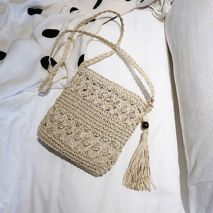 Antmvs Antmvs   Women Beach Woven Straw Shoulder Messenger Bag with Tassel Boho Hollow Out Crochet Crossbody Handbag Macrame Clutch Purse with