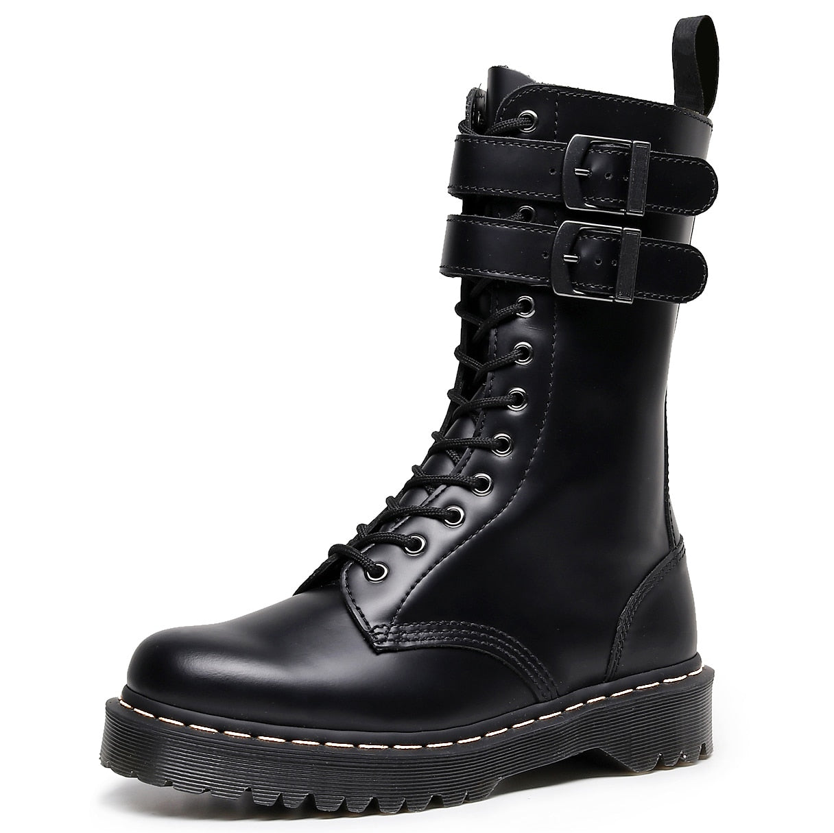 Antmvs  Women Platform Leather High Boots New Female Shoes Punk Buckle Long Boot Woman Lace Up Booties Black Gothic Mid Tube Boots