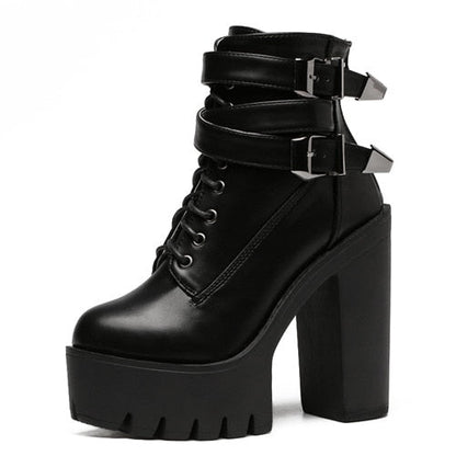 Antmvs  Spring Autumn Fashion Women Boots High Heels Platform Buckle Lace Up Leather Short Booties Black Ladies Shoes Promotion