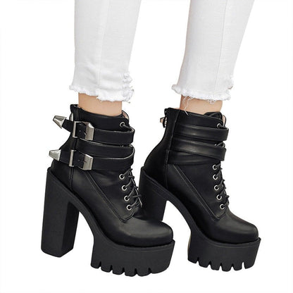 Antmvs  Spring Autumn Fashion Women Boots High Heels Platform Buckle Lace Up Leather Short Booties Black Ladies Shoes Promotion