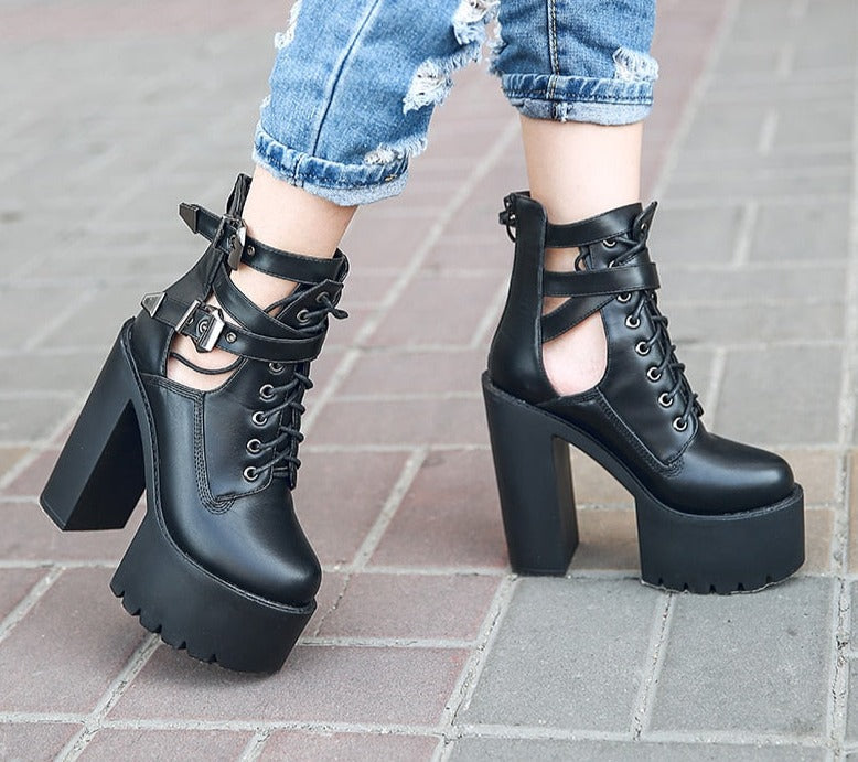 Antmvs    Buckle Womens Nightclub Shoes High Heels Hollow Out Ankle Boots Platform Heels Gothic Black Leather Short Boots Lady