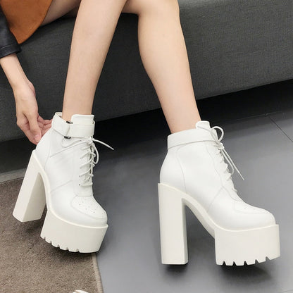 Thanksgiving  Antmvs  Hot Sale Russian Shoes Black Platform Boots Women Zipper Autumn High Heels Shoes Lace Up Ankle Boots White Rubber Sole