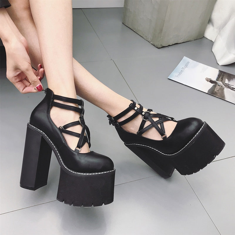 Thanksgiving  Antmvs  Fashion Women Pumps High Heels Zipper Rubber Sole Black Platform Shoes Spring Autumn Leather Shoes Female Gothic Pentagon