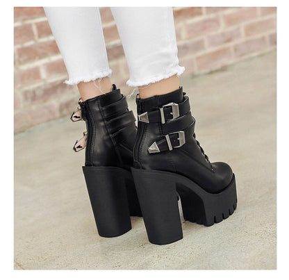 Antmvs  Spring Autumn Fashion Women Boots High Heels Platform Buckle Lace Up Leather Short Booties Black Ladies Shoes Promotion