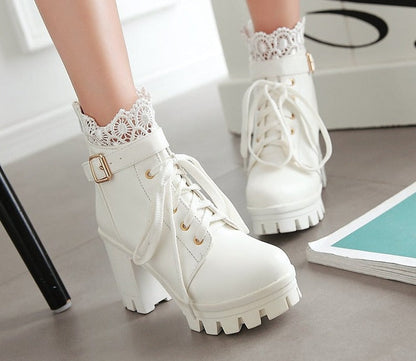 Antmvs  Lace Ankle Boots Thick High Heels Women Boots   Lacing Round Toe Platform Ladies Shoes Large Sizes 34-43