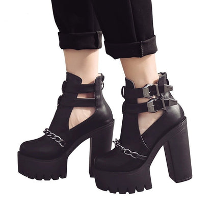 Thanksgiving  Antmvs  Spring Autumn Fashion Ankle Boots For Women High Heels Casual Cut-Outs Buckle Round Toe Chain Thick Heels Platform Shoes