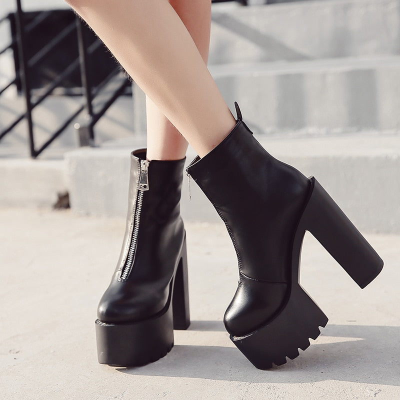 Antmvs   Fashion Autumn Women Ankle Boots Leather Black Female High Heels Shoes Ultra High Platform Heels Round Toe Lady Shoe