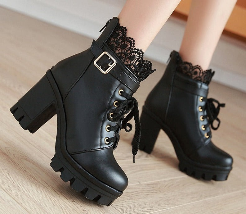 Antmvs  Lace Ankle Boots Thick High Heels Women Boots   Lacing Round Toe Platform Ladies Shoes Large Sizes 34-43