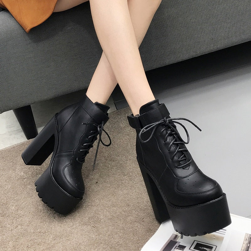 Thanksgiving  Antmvs  Hot Sale Russian Shoes Black Platform Boots Women Zipper Autumn High Heels Shoes Lace Up Ankle Boots White Rubber Sole