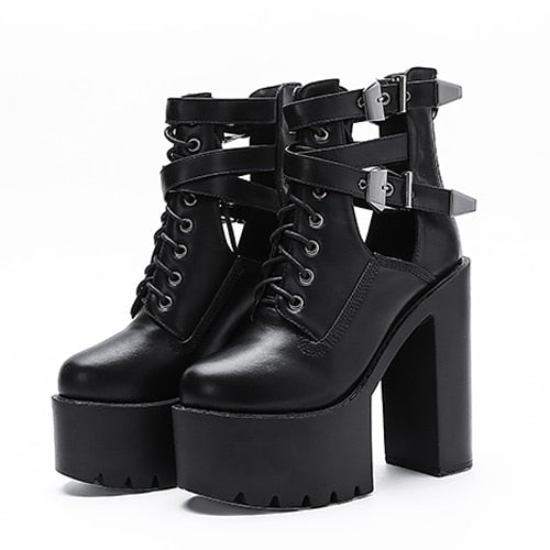 Antmvs    Buckle Womens Nightclub Shoes High Heels Hollow Out Ankle Boots Platform Heels Gothic Black Leather Short Boots Lady