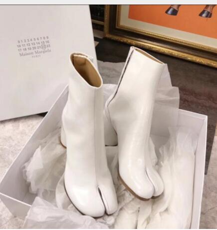 Antmvs  Tabi Split-Toe Women Boots Cream-Colored Leather Buckle Chunky Block Heels Booties Botas Feminina Shoes Woman