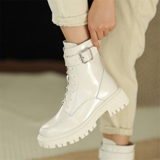 Antmvs Winter Genuine Leather Women Boots Fur Warm  Boots Snow Boots Zippe Lace-Up Platform Boots Black Motorcycle Boots Shoes